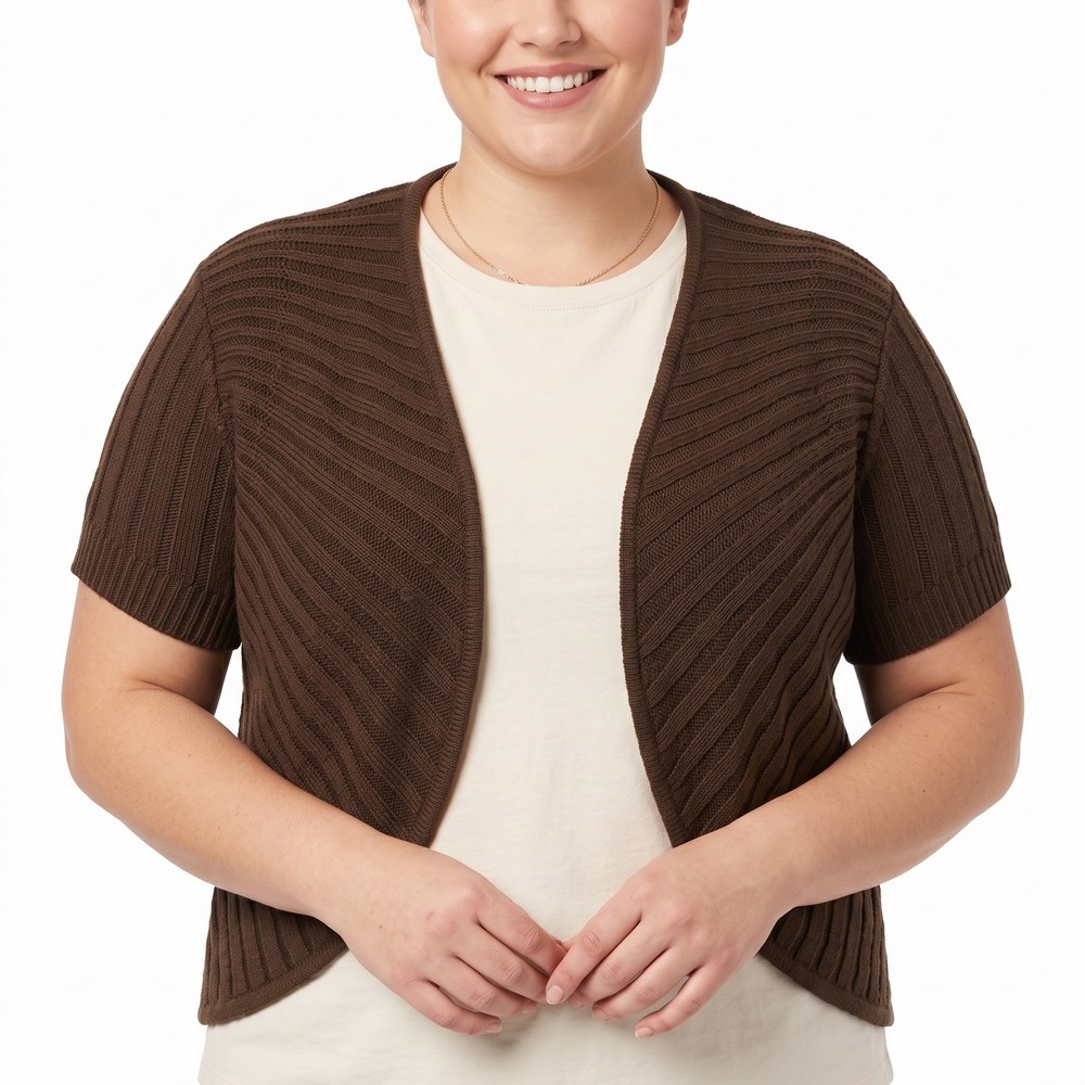 Metro 7 Womens L Chocolate Brown Ribbed Short Sleeve Open Front Cardigan